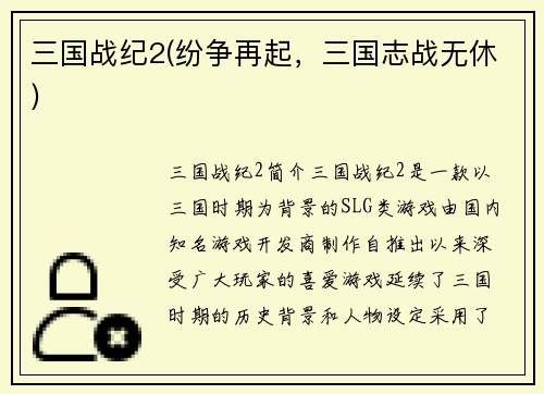 三国战纪2(纷争再起，三国志战无休)