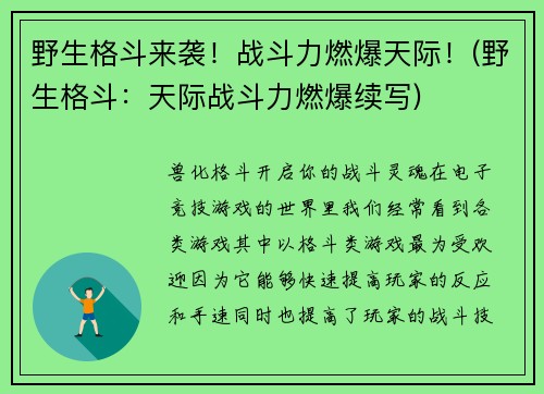 野生格斗来袭！战斗力燃爆天际！(野生格斗：天际战斗力燃爆续写)